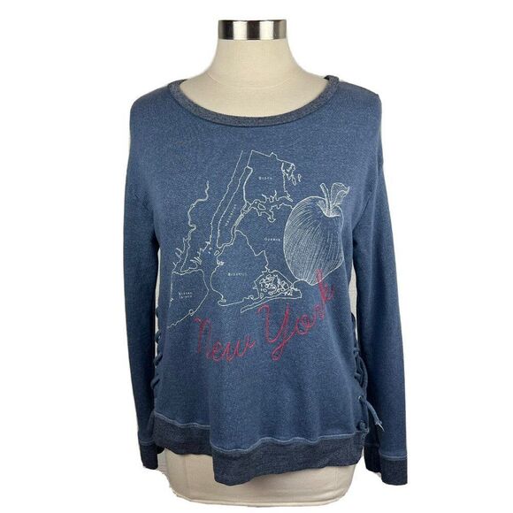 Sundry Sweatshirt M Womens New York Blue Graphic Lace Up Sides Cotton Blend - Picture 1 of 9